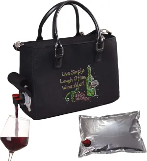 Insulated Drink Purse w/ 3L Bladder Bag | Thermal Hot and Cold Storage | Portable Drinking Dispenser for Wine, Cocktails, Beer, Alcohol | PU Leather Finish (Live Laugh)