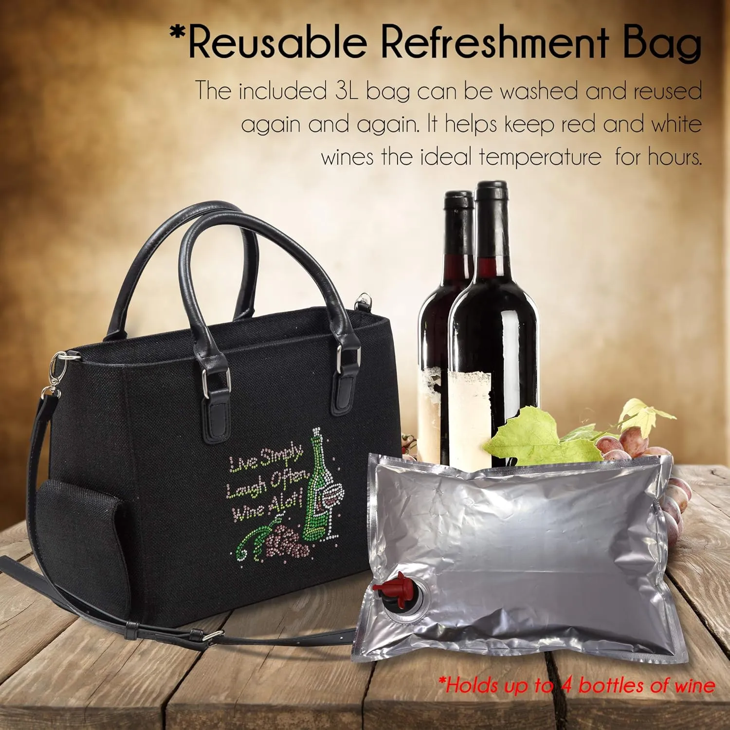 Insulated Drink Purse w/ 3L Bladder Bag | Thermal Hot and Cold Storage | Portable Drinking Dispenser for Wine, Cocktails, Beer, Alcohol | PU Leather Finish (Live Laugh)