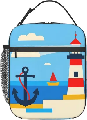 Insulated Lunch Bag for Men Women, Reusable Lunch Box with Handle, Leakproof Thermal Meal Cooler Shopping Grocery Tote Bag Handbags for Office Work Picnic, Ocean Lighthouse Anchor Boat