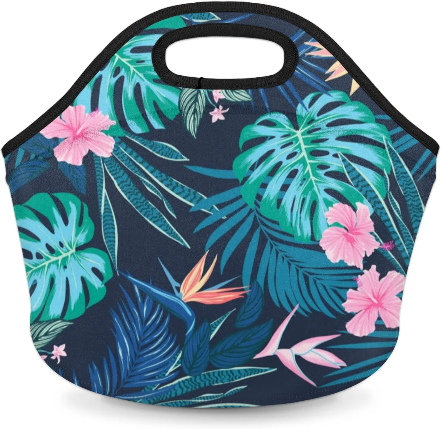 Insulated Neoprene Lunch Bag for Women Men Kids Tropical Teal Palm Leaves Flower Lunch Box Reusable Small Lunch Tote Bag Cooler Bag for School Work Picnic