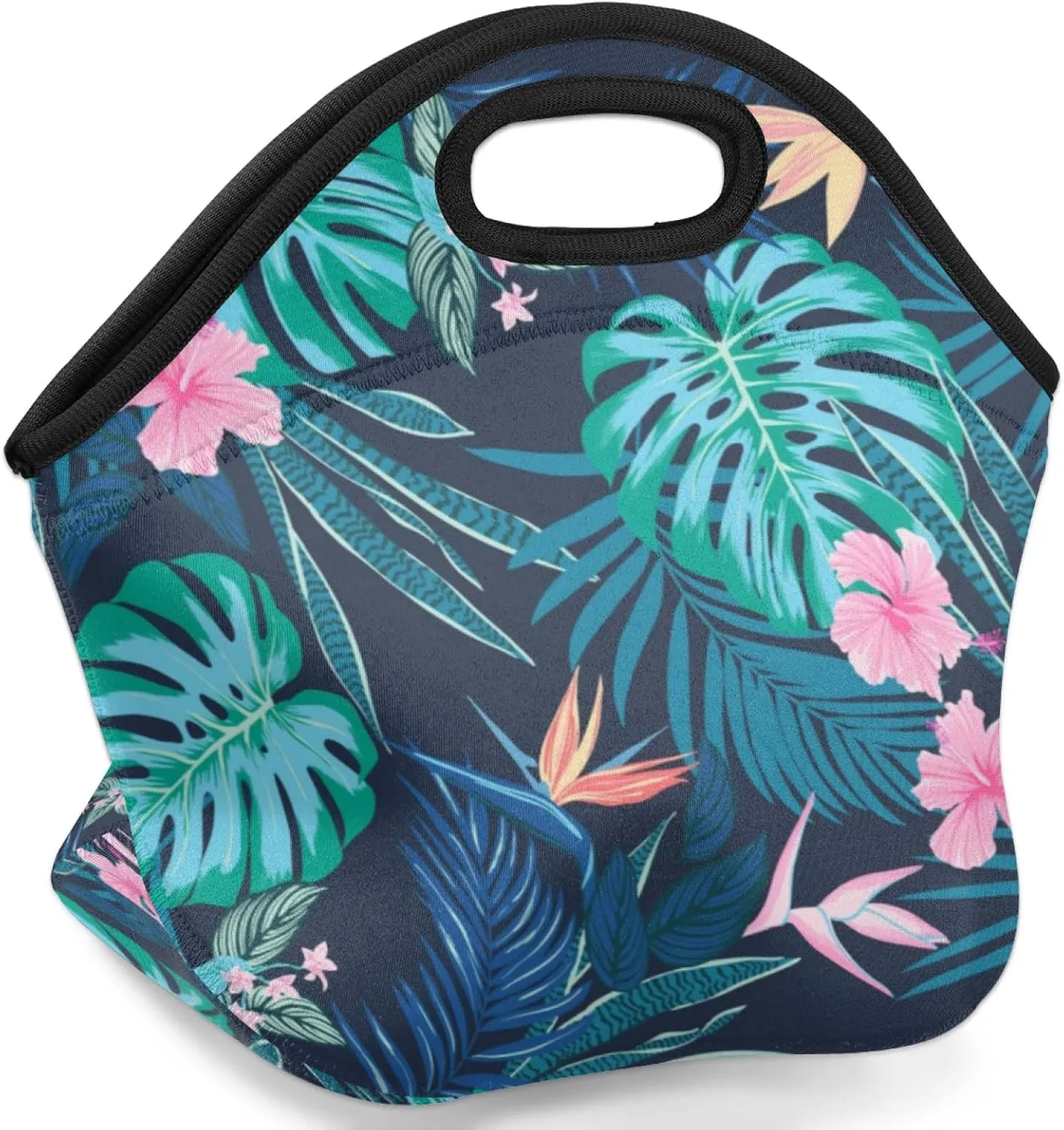 Insulated Neoprene Lunch Bag for Women Men Kids Tropical Teal Palm Leaves Flower Lunch Box Reusable Small Lunch Tote Bag Cooler Bag for School Work Picnic