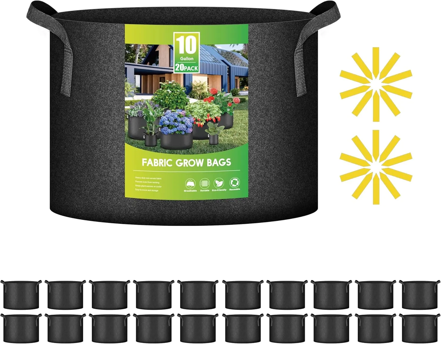 iPower 20 Pack 10 Gallon Grow Bags, Garden Planting Nonwoven Fabric Pots with Reinforced Handle, Heavy Duty and Aeration Planter Pot for Tomato, Fruits, Vegetables and Flowers