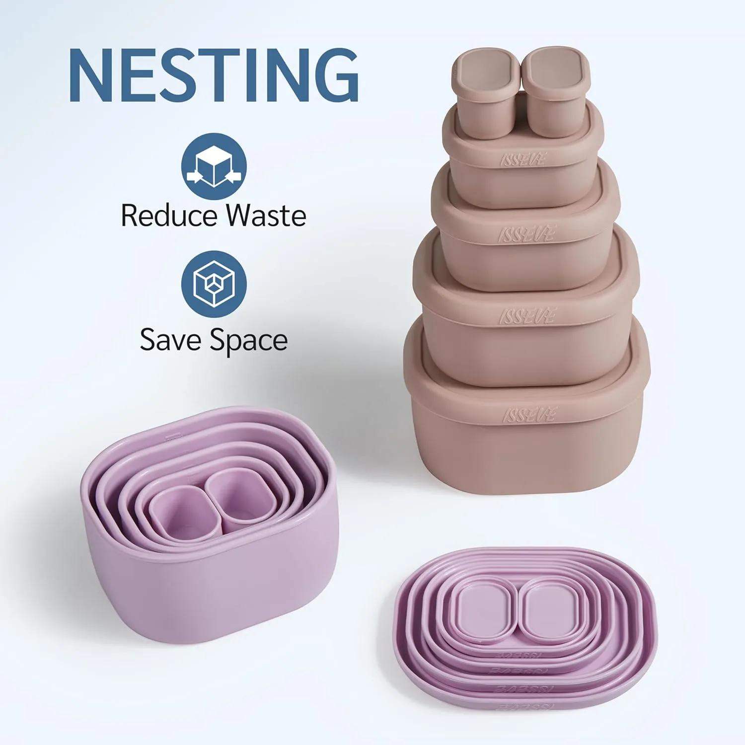 ISSEVE 12Pcs/Set Nesting Silicone Food Storage Containers with Lids, BPA Free Reusable Meal Prep Silicone Containers Airtight, Freezer Dishwasher Safe (33.8oz, 20oz, 10oz, 6.7oz, 1.3oz) (Purple)