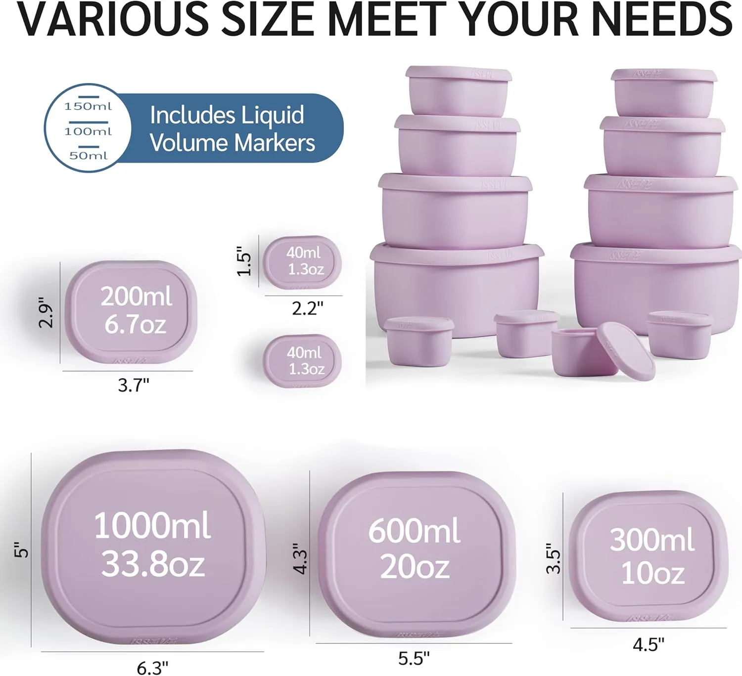 ISSEVE 12Pcs/Set Nesting Silicone Food Storage Containers with Lids, BPA Free Reusable Meal Prep Silicone Containers Airtight, Freezer Dishwasher Safe (33.8oz, 20oz, 10oz, 6.7oz, 1.3oz) (Purple)