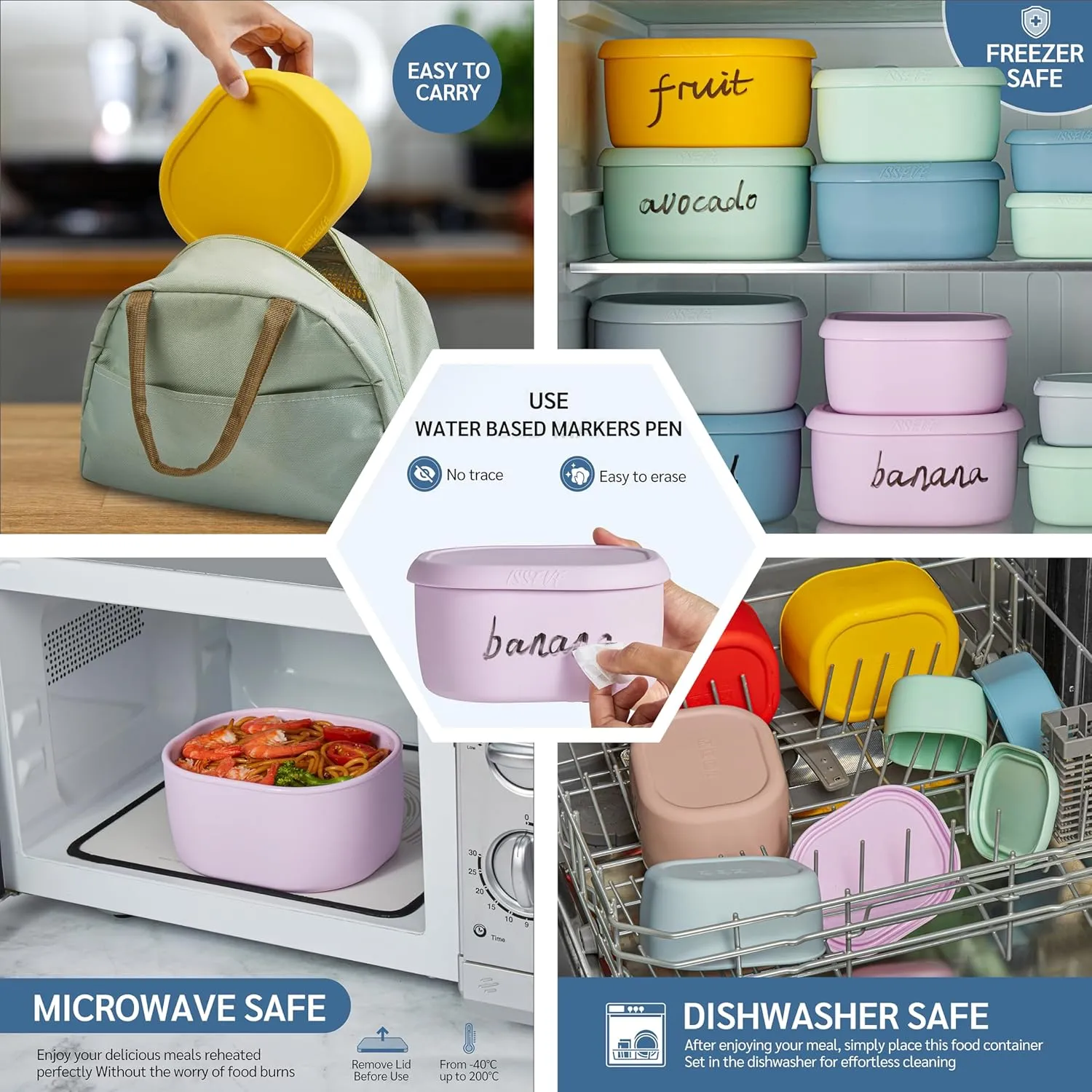 ISSEVE 12Pcs/Set Nesting Silicone Food Storage Containers with Lids, BPA Free Reusable Meal Prep Silicone Containers Airtight, Freezer Dishwasher Safe (33.8oz, 20oz, 10oz, 6.7oz, 1.3oz) (Purple)