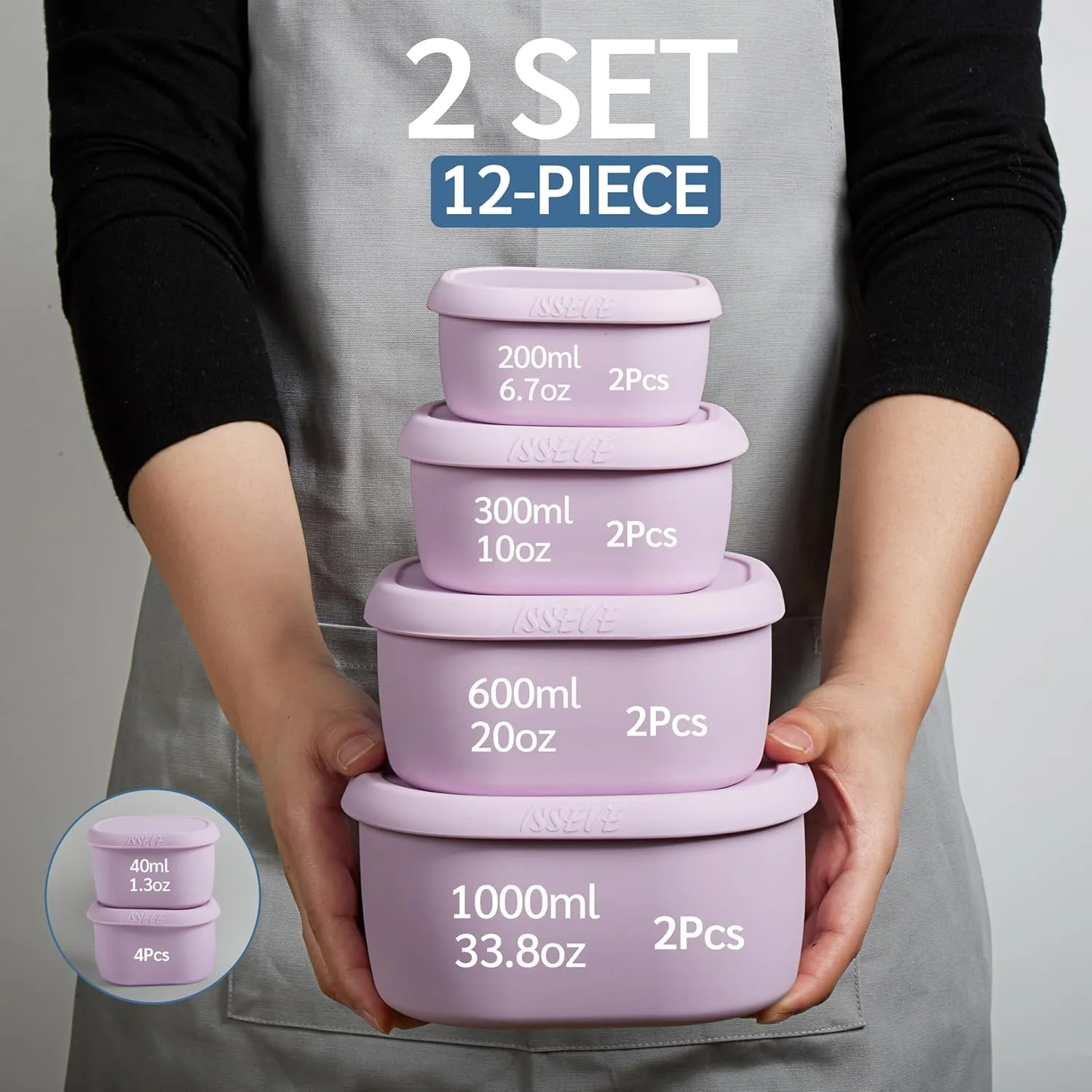 ISSEVE 12Pcs/Set Nesting Silicone Food Storage Containers with Lids, BPA Free Reusable Meal Prep Silicone Containers Airtight, Freezer Dishwasher Safe (33.8oz, 20oz, 10oz, 6.7oz, 1.3oz) (Purple)