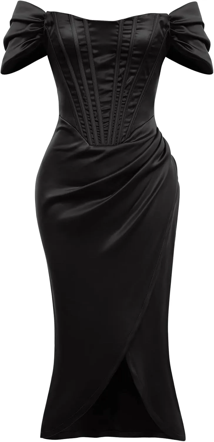 IWEMEK Womens Off Shoulder Split Bustier Corset Satin Dress Strapless Backless High Slit Bodycon Ruched Cocktail Party Dress
