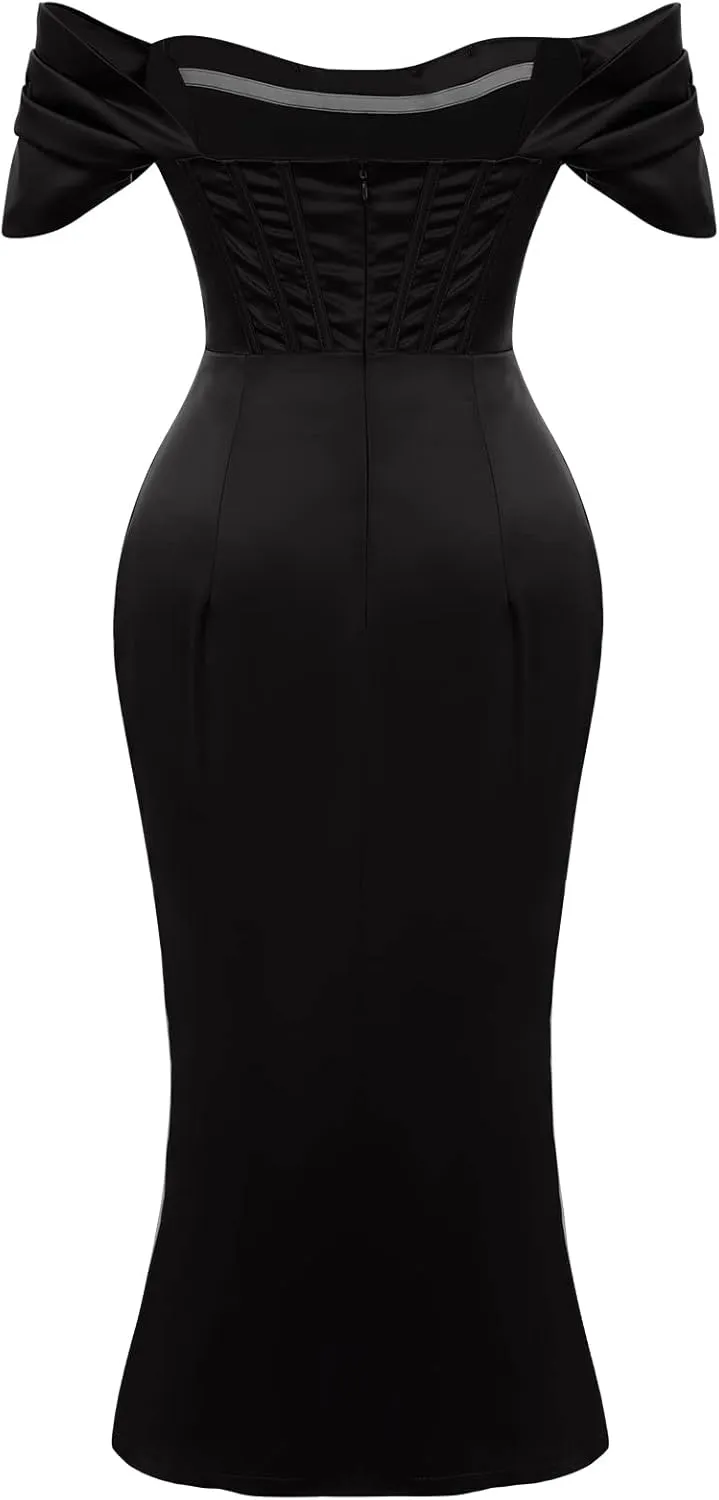 IWEMEK Womens Off Shoulder Split Bustier Corset Satin Dress Strapless Backless High Slit Bodycon Ruched Cocktail Party Dress