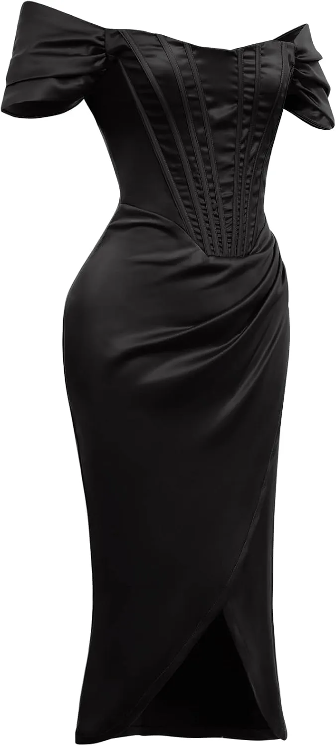 IWEMEK Womens Off Shoulder Split Bustier Corset Satin Dress Strapless Backless High Slit Bodycon Ruched Cocktail Party Dress
