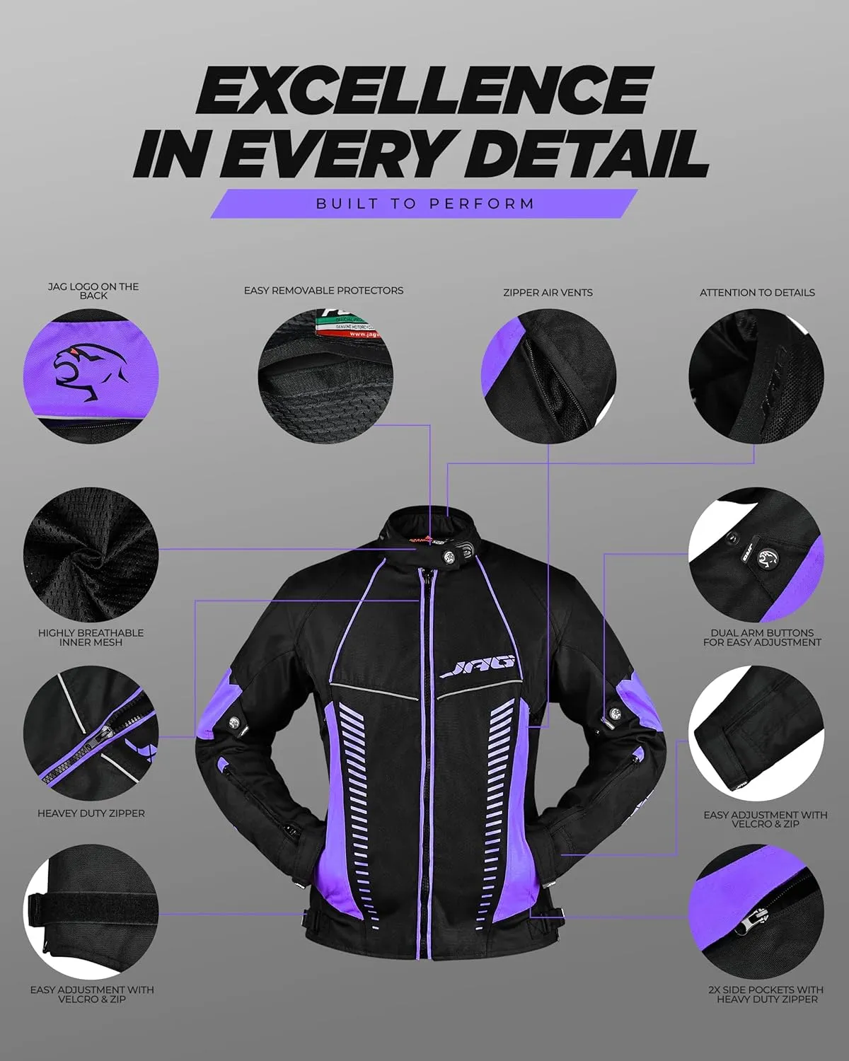 JAG Touring Motorcycle Jacket for Women, All Season Adventure Women's Dual Sport Jacket with CE Armor Cordura Fabric