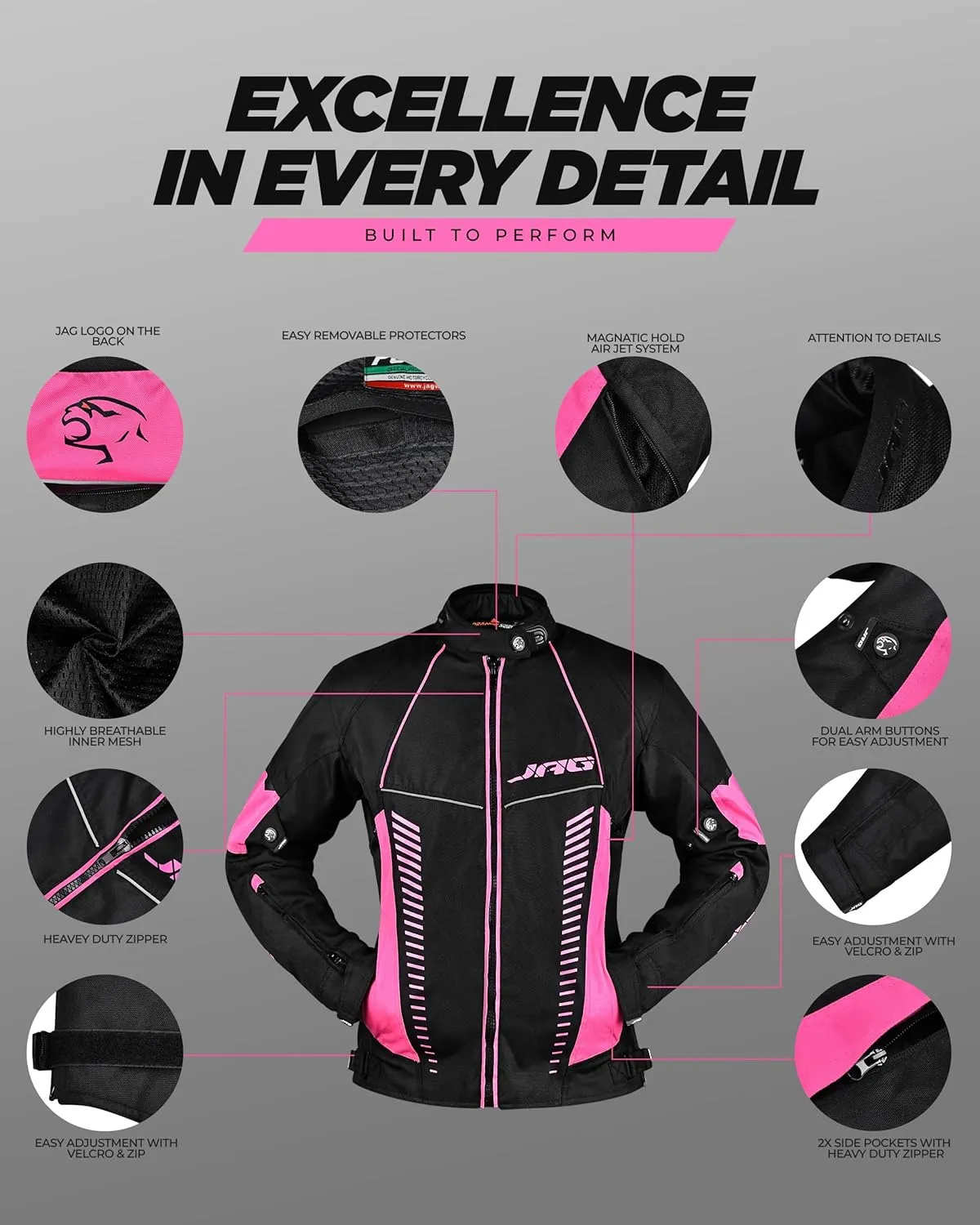 JAG Touring Motorcycle Jacket for Women, All Season Adventure Women's Dual Sport Jacket with CE Armor Cordura Fabric