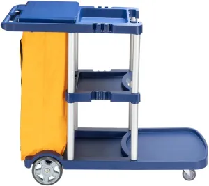 Janitorial Cart, 3-Shelf Commercial Cleaning Cart, Plastic Housekeeping Caddy with Cover, Wheeled with Yellow Vinyl Bag, Blue, Great for Hotel, Stores, Schools, and Business