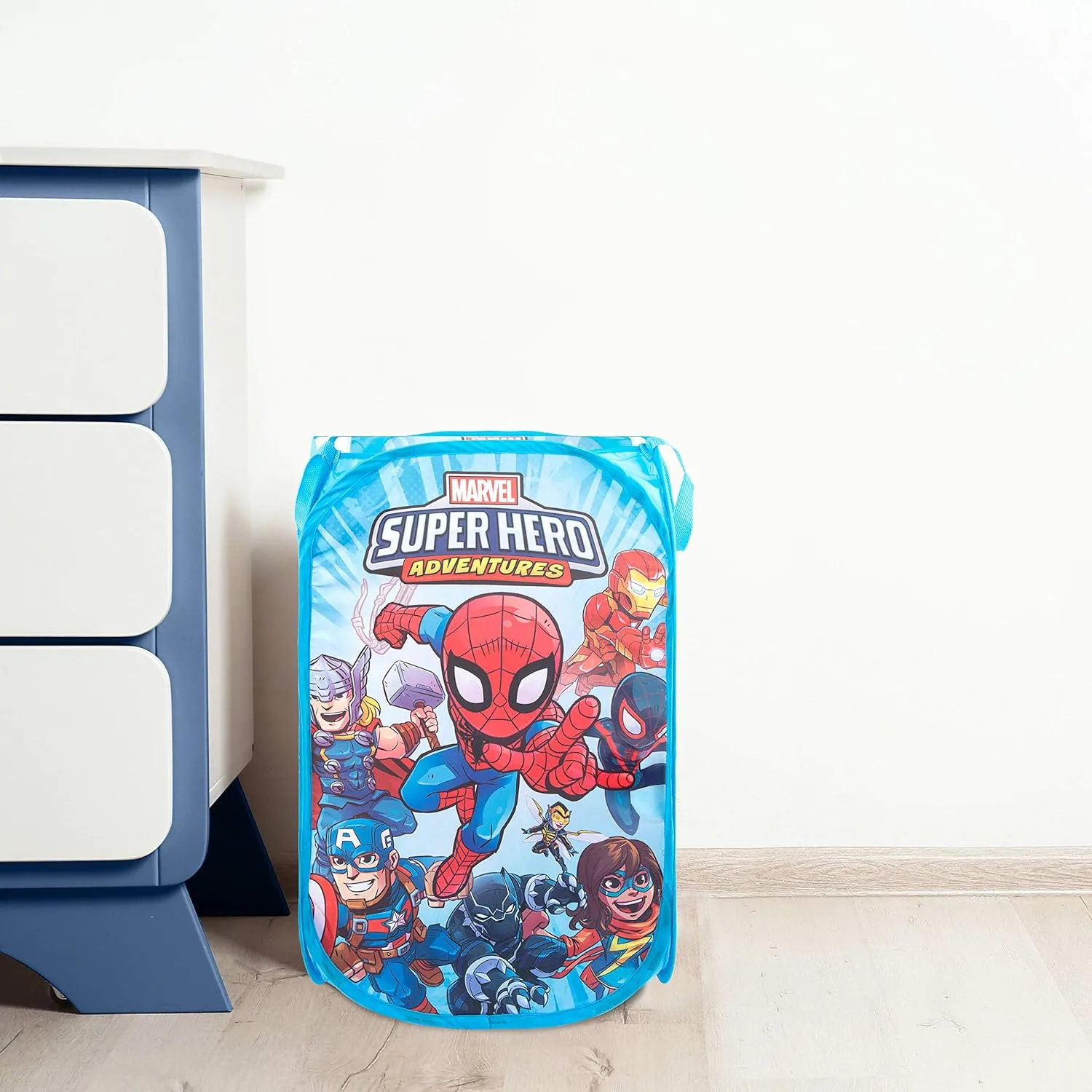 Jay Franco Marvel Super Hero Adventures Pop Up Hamper - Mesh Laundry Basket/Bag with Durable Handles - Features Spiderman, Iron Man, Captain America & Thor (Official Marvel Product)