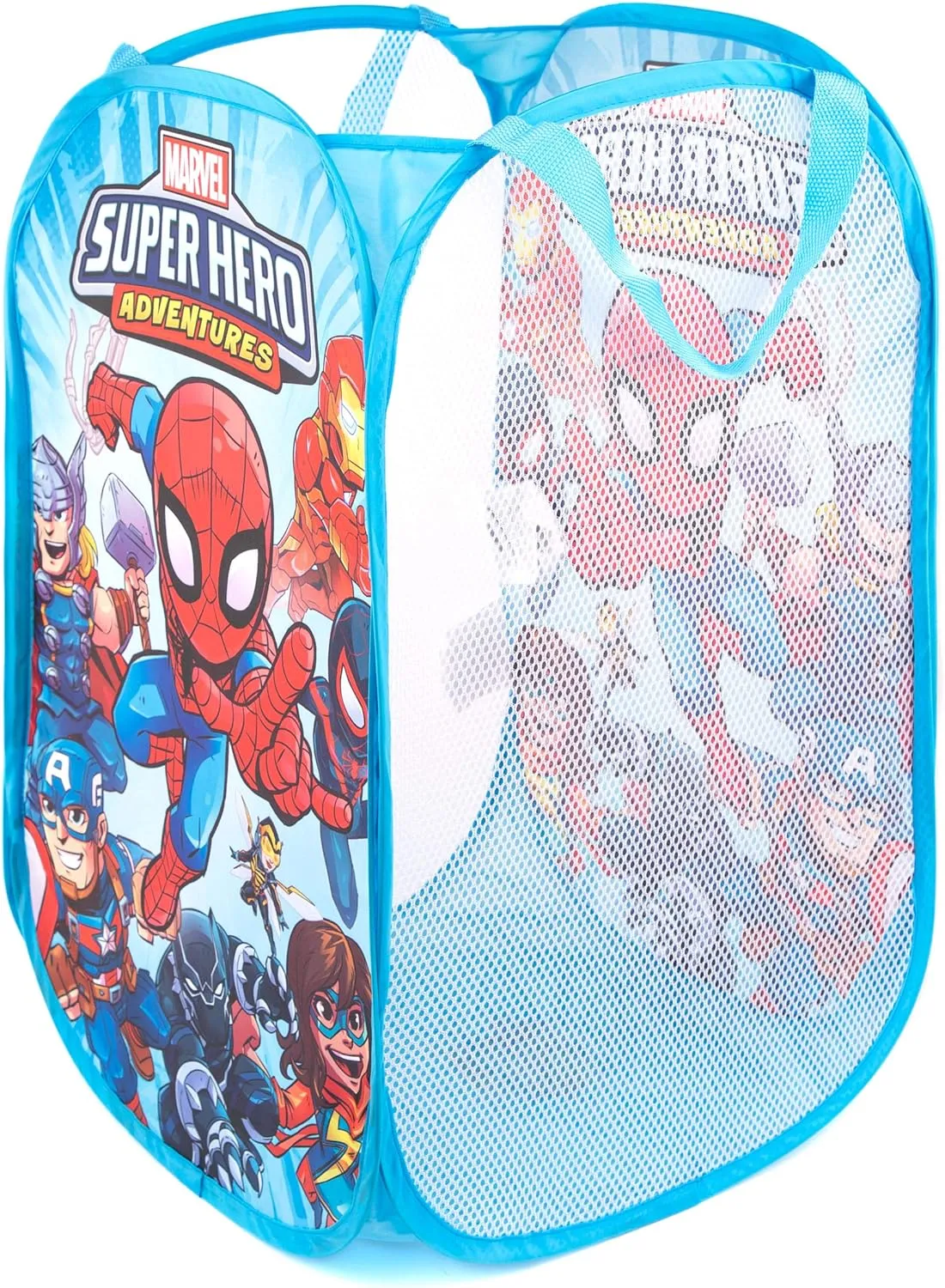 Jay Franco Marvel Super Hero Adventures Pop Up Hamper - Mesh Laundry Basket/Bag with Durable Handles - Features Spiderman, Iron Man, Captain America & Thor (Official Marvel Product)