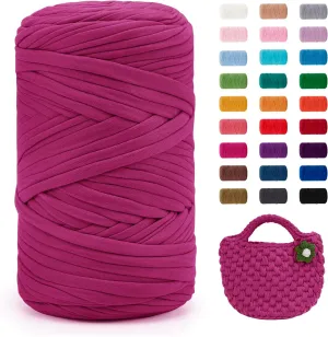 JeogYong T-Shirt Yarn, 400g/131 Yards Elastic Fabric Crochet Cloth T Shirt Yarn, Thick Hand Knitting Polyester Fabric Ribbon for Crocheting Bags/Baskets/Rugs, Home Decor, DIY Crafts (Dark Fuchsia)