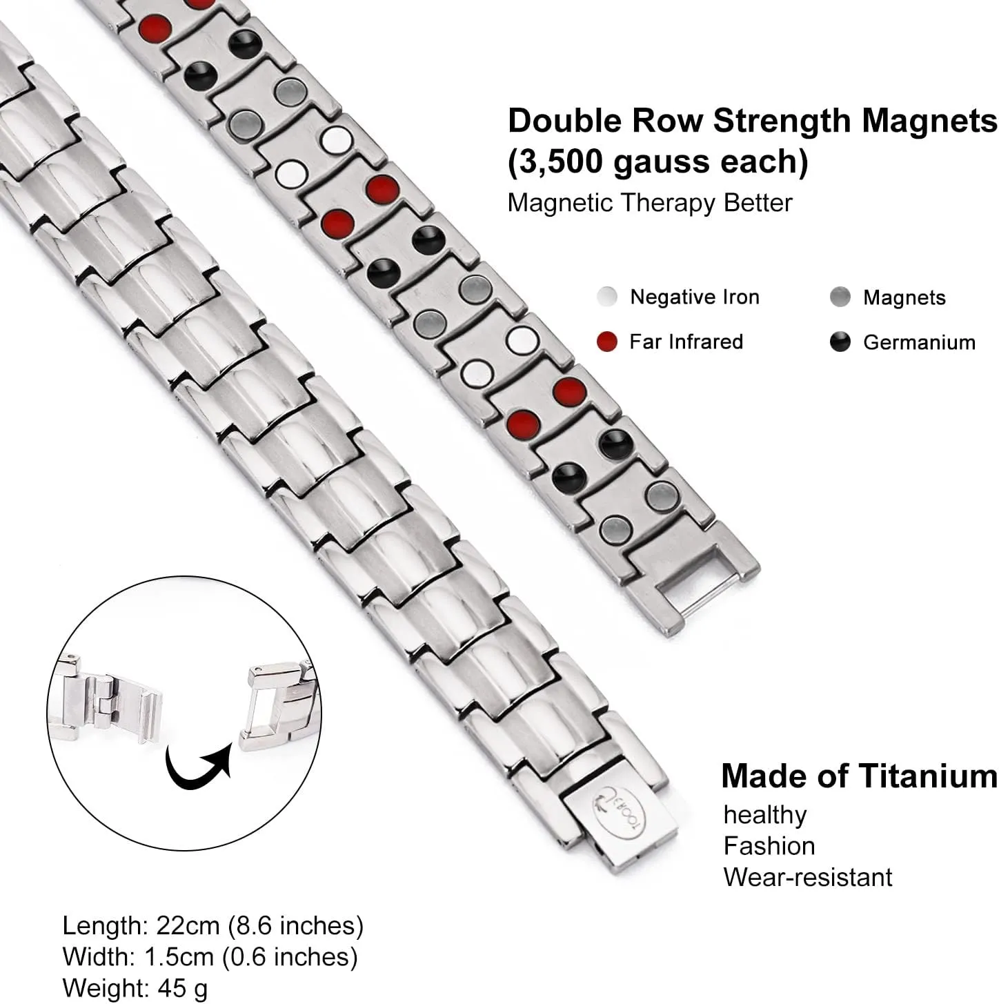 JEROOT Magnetic Bracelets for Men, Pure Titanium Double Row Strong Effective 4 Elements Magnets, Men's Bracelet with Adjustment Tool & Jewelry Gift Box (Colorful-1)