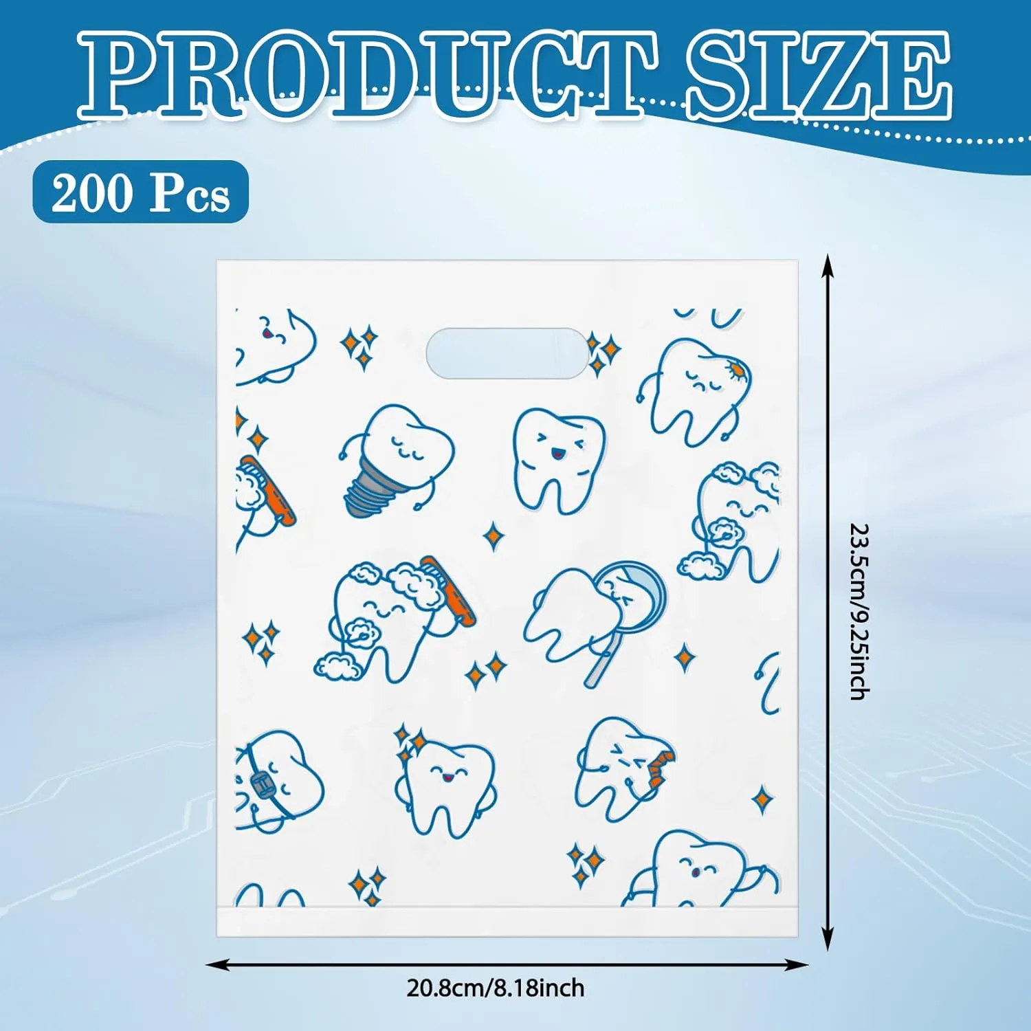 Jetec 200 Pcs Tooth Plastic Bags Patient Care Merchandise Dental Plastic Gift Bags with Handles for Hygienist Dentist Appreciation Gift Packaging Retail Party Favor, 8.18 x 9.25 Inch(Lovely)