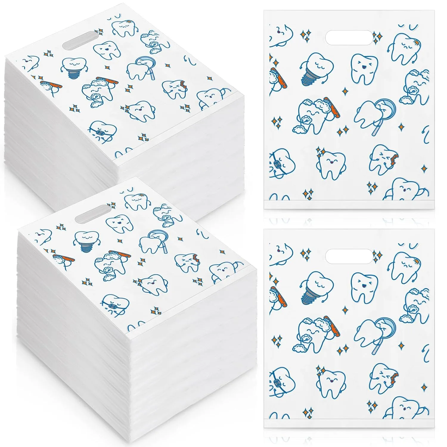 Jetec 200 Pcs Tooth Plastic Bags Patient Care Merchandise Dental Plastic Gift Bags with Handles for Hygienist Dentist Appreciation Gift Packaging Retail Party Favor, 8.18 x 9.25 Inch(Lovely)