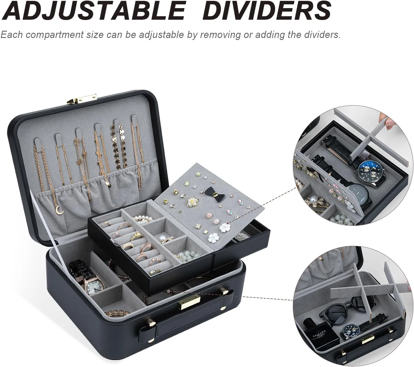Jewelry Box for Women, Travel Jewelry Organizer Case with Jewelry Tray for Rings Earrings Necklaces Bracelets Watches, Black