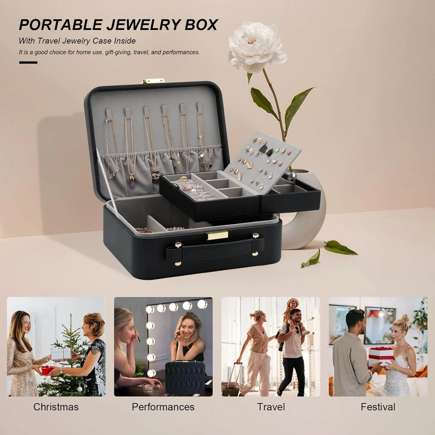 Jewelry Box for Women, Travel Jewelry Organizer Case with Jewelry Tray for Rings Earrings Necklaces Bracelets Watches, Black