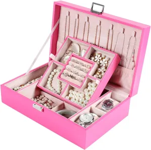 Jewelry Box PU Leather Jewelry Box Organizer with 2 Watch Case Removable Tray Jewelry Display Storage Case - Velvet Lining Earring Ring Bracelet Case Jewelry Box Organizer