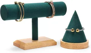 Jewelry Rack Jewelry Display Stand 2 Piece Green Velvet Jewelry Display Set, T-Bar Stand and Wood Bangle Bracelet Watch Holder for Exhibit/Trade shows/Retail stores Jewelry Stand Holder