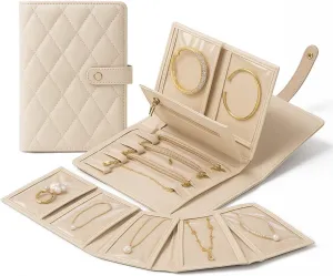 Jewelry Storage Book with Ring Binder, Travel Jewelry Organizer Case with 5 Clear Zipper Velvet Bags for Rings, Necklaces, Earrings – Portable Jewelry Folder for Women – Cream White