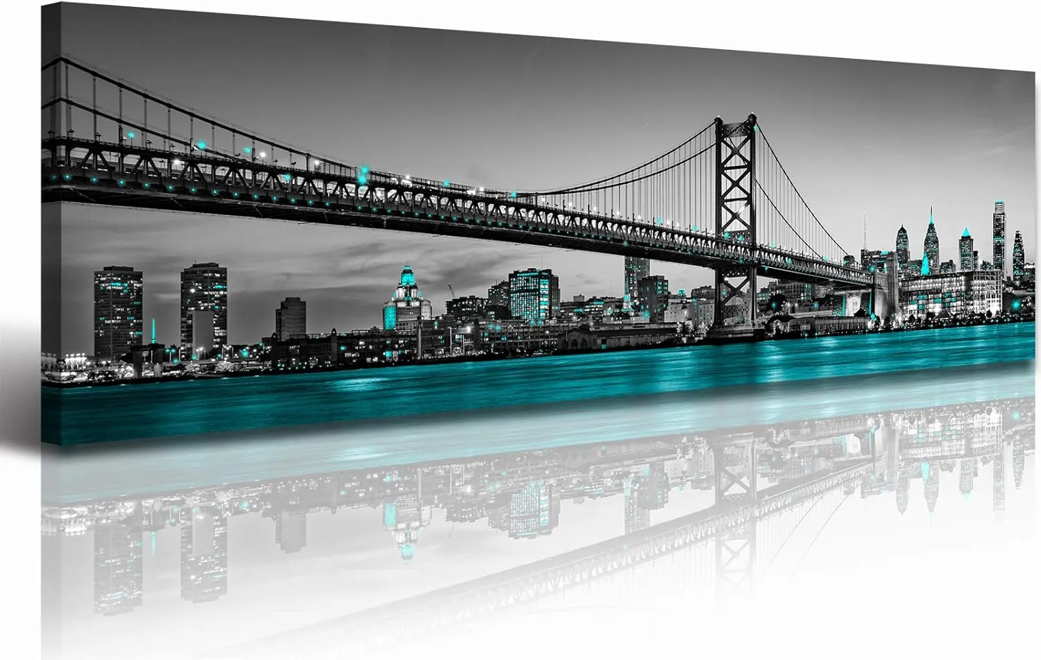 JiazuGo Philadelphia Skyline City Canvas Wall Art Decor Framed 14"x48" Black and White Aqua Green Teal Panorama Cityscape Pictures Artwork Painting Poster for Bedroom Office Decoration Stretch