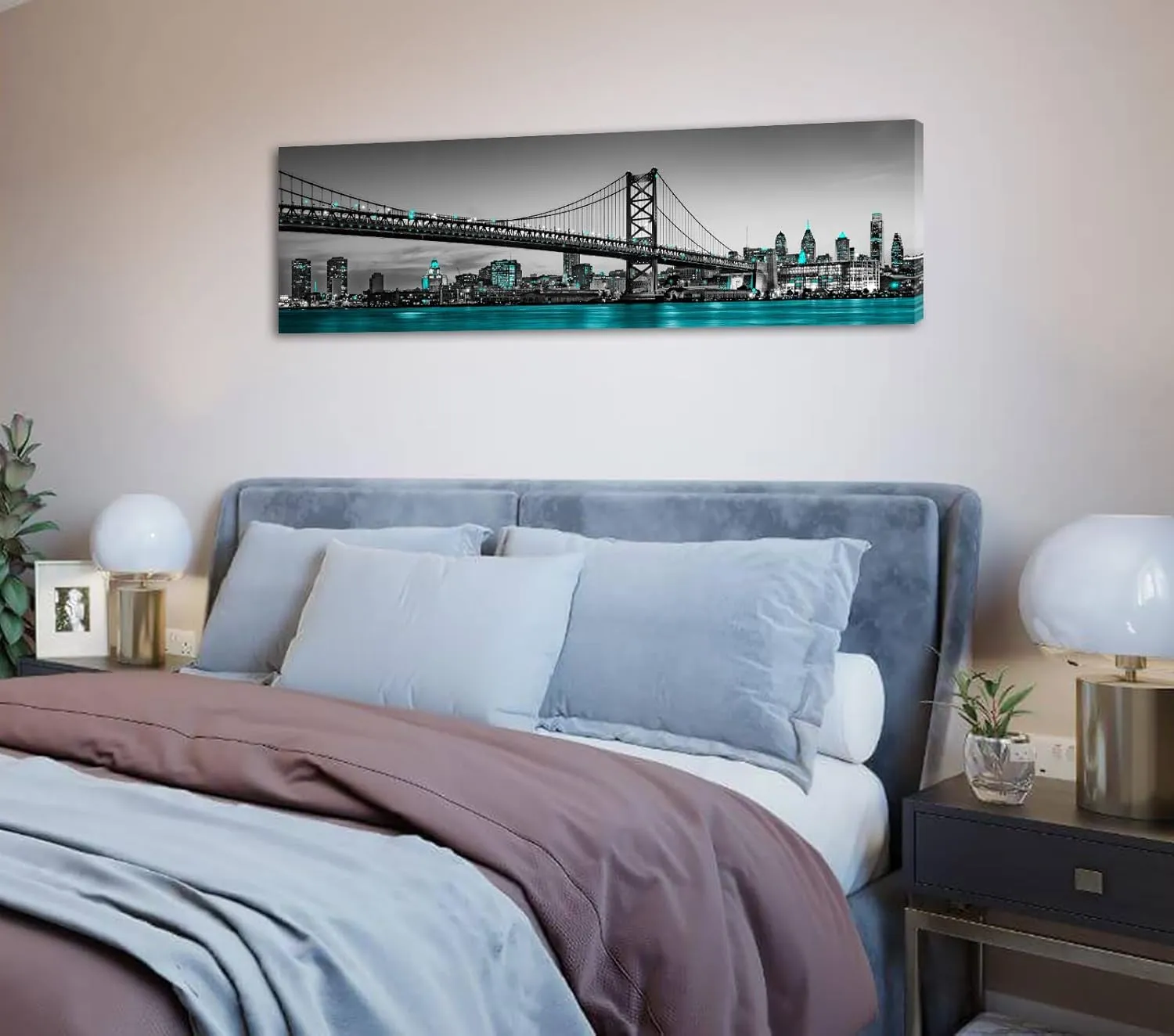 JiazuGo Philadelphia Skyline City Canvas Wall Art Decor Framed 14"x48" Black and White Aqua Green Teal Panorama Cityscape Pictures Artwork Painting Poster for Bedroom Office Decoration Stretch