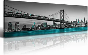 JiazuGo Philadelphia Skyline City Canvas Wall Art Decor Framed 14"x48" Black and White Aqua Green Teal Panorama Cityscape Pictures Artwork Painting Poster for Bedroom Office Decoration Stretch