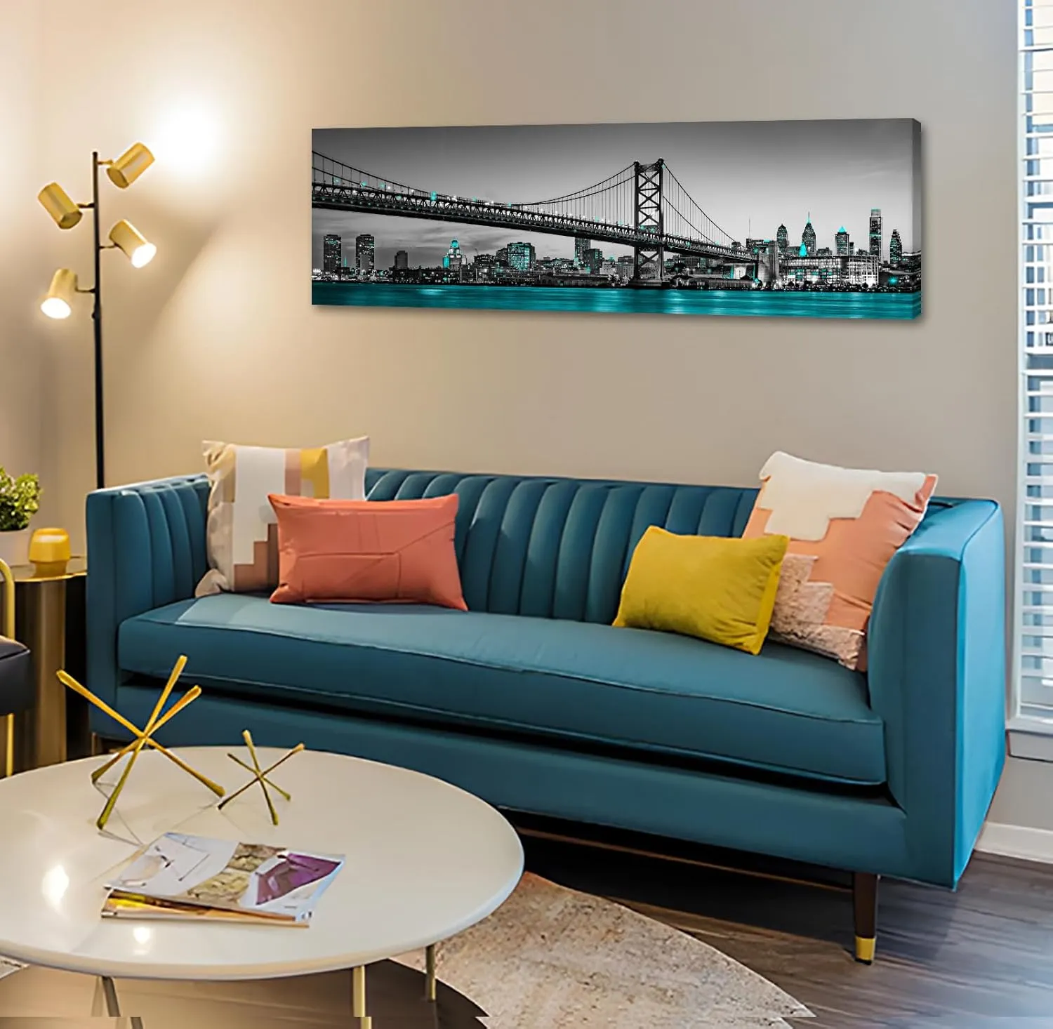 JiazuGo Philadelphia Skyline City Canvas Wall Art Decor Framed 14"x48" Black and White Aqua Green Teal Panorama Cityscape Pictures Artwork Painting Poster for Bedroom Office Decoration Stretch