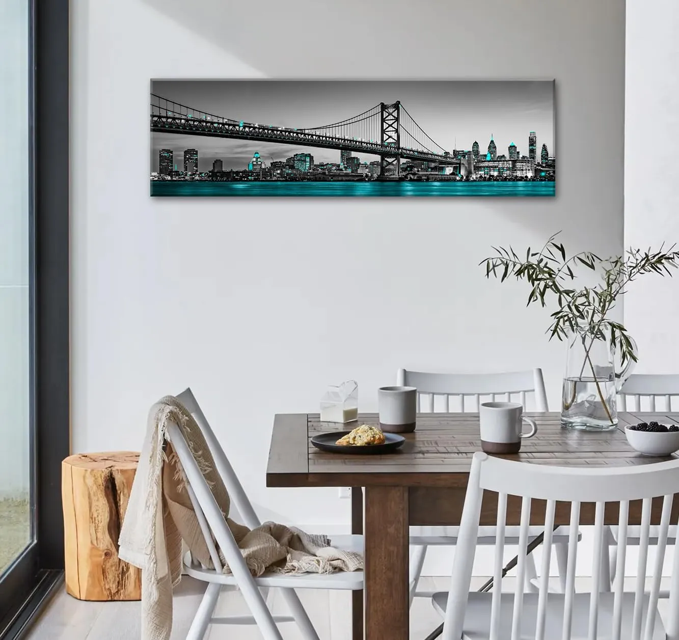 JiazuGo Philadelphia Skyline City Canvas Wall Art Decor Framed 14"x48" Black and White Aqua Green Teal Panorama Cityscape Pictures Artwork Painting Poster for Bedroom Office Decoration Stretch