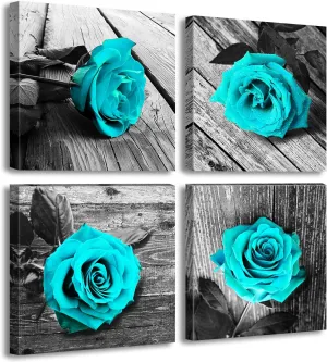 JiazuGo Teal Wall Decor Rose Flower Canvas Prints Black and White Wall Art for Home Rose Floral Turquoise Decor Modern Bedroom Pictures Bathroom Decorations Stretched and Framed Ready to Hang