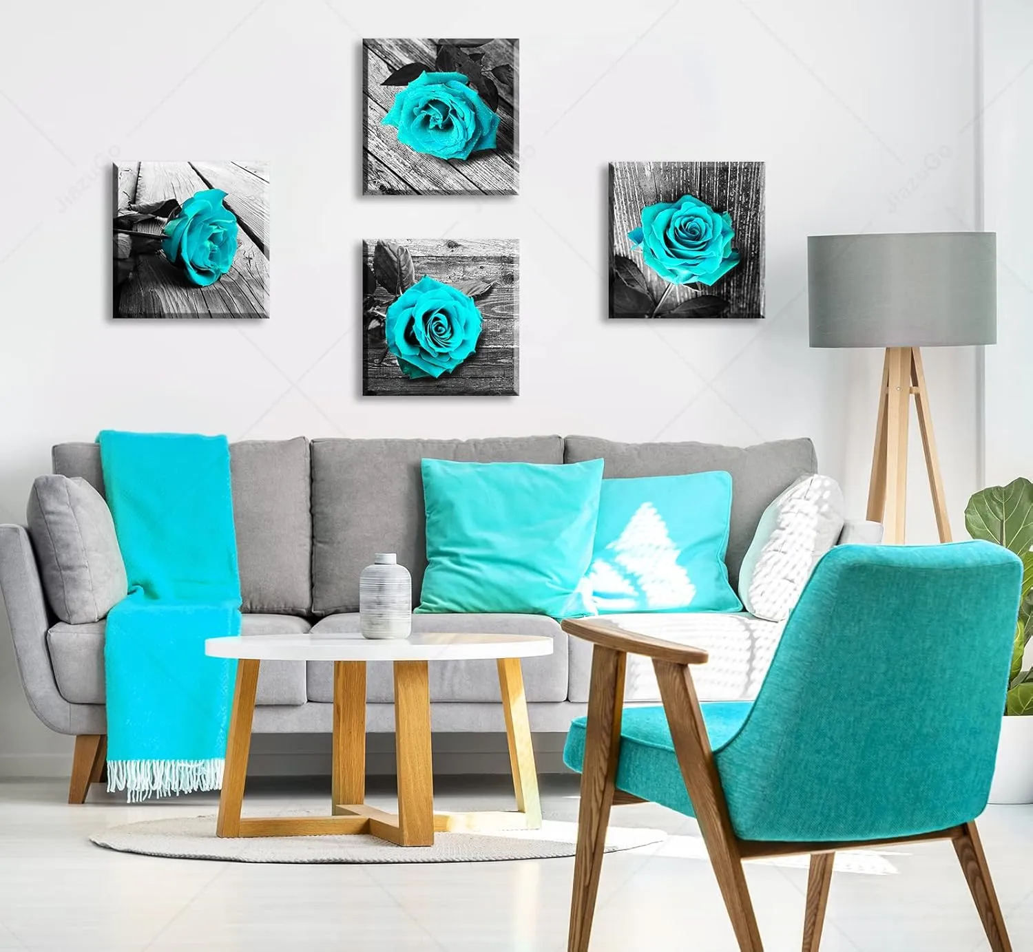 JiazuGo Teal Wall Decor Rose Flower Canvas Prints Black and White Wall Art for Home Rose Floral Turquoise Decor Modern Bedroom Pictures Bathroom Decorations Stretched and Framed Ready to Hang