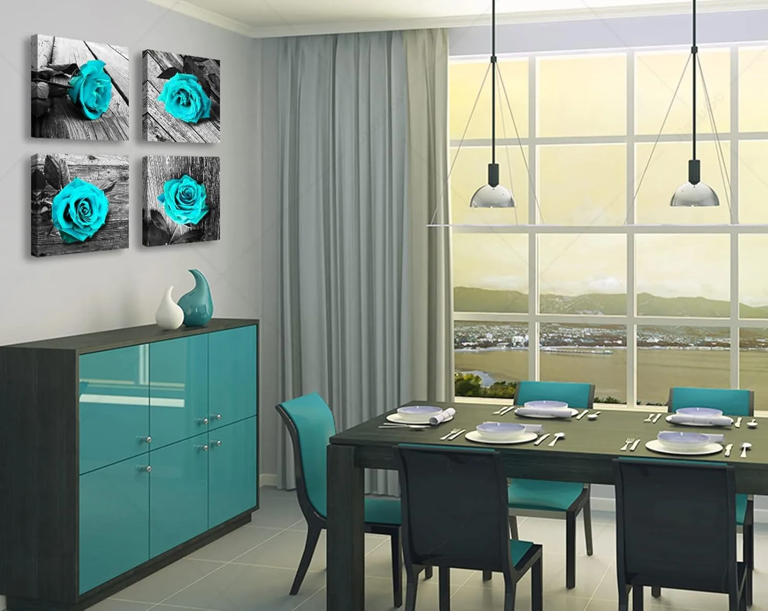 JiazuGo Teal Wall Decor Rose Flower Canvas Prints Black and White Wall Art for Home Rose Floral Turquoise Decor Modern Bedroom Pictures Bathroom Decorations Stretched and Framed Ready to Hang
