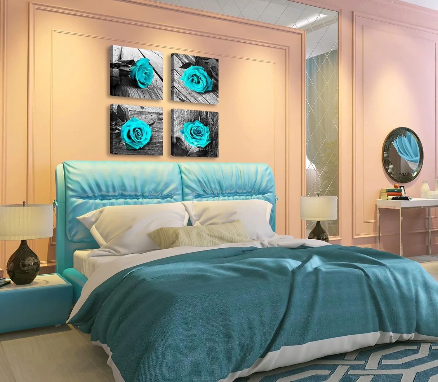 JiazuGo Teal Wall Decor Rose Flower Canvas Prints Black and White Wall Art for Home Rose Floral Turquoise Decor Modern Bedroom Pictures Bathroom Decorations Stretched and Framed Ready to Hang
