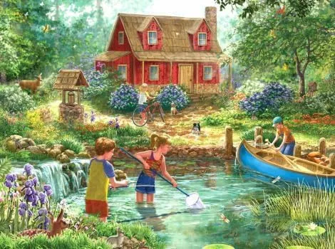Jigsaw Puzzle for Adults Summer Children Fishing in The River Challenging Educational Fun Family Activities Games Toys Gifts Wooden Puzzles 1000 Piece