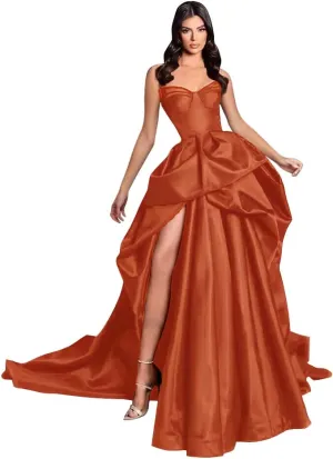 Jorshiman Satin Prom Dress Long Ball Gown with Train Pleated Formal Dress 2025 A-Line Evening Gowns