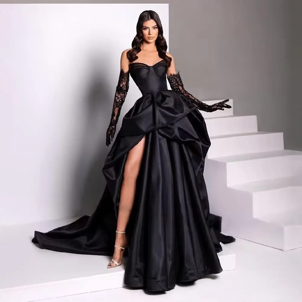 Jorshiman Satin Prom Dress Long Ball Gown with Train Pleated Formal Dress 2025 A-Line Evening Gowns