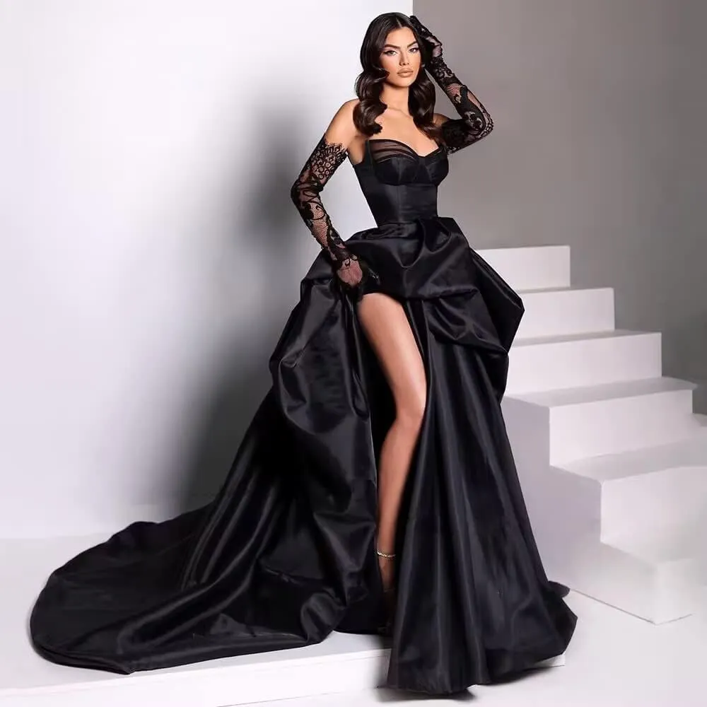 Jorshiman Satin Prom Dress Long Ball Gown with Train Pleated Formal Dress 2025 A-Line Evening Gowns