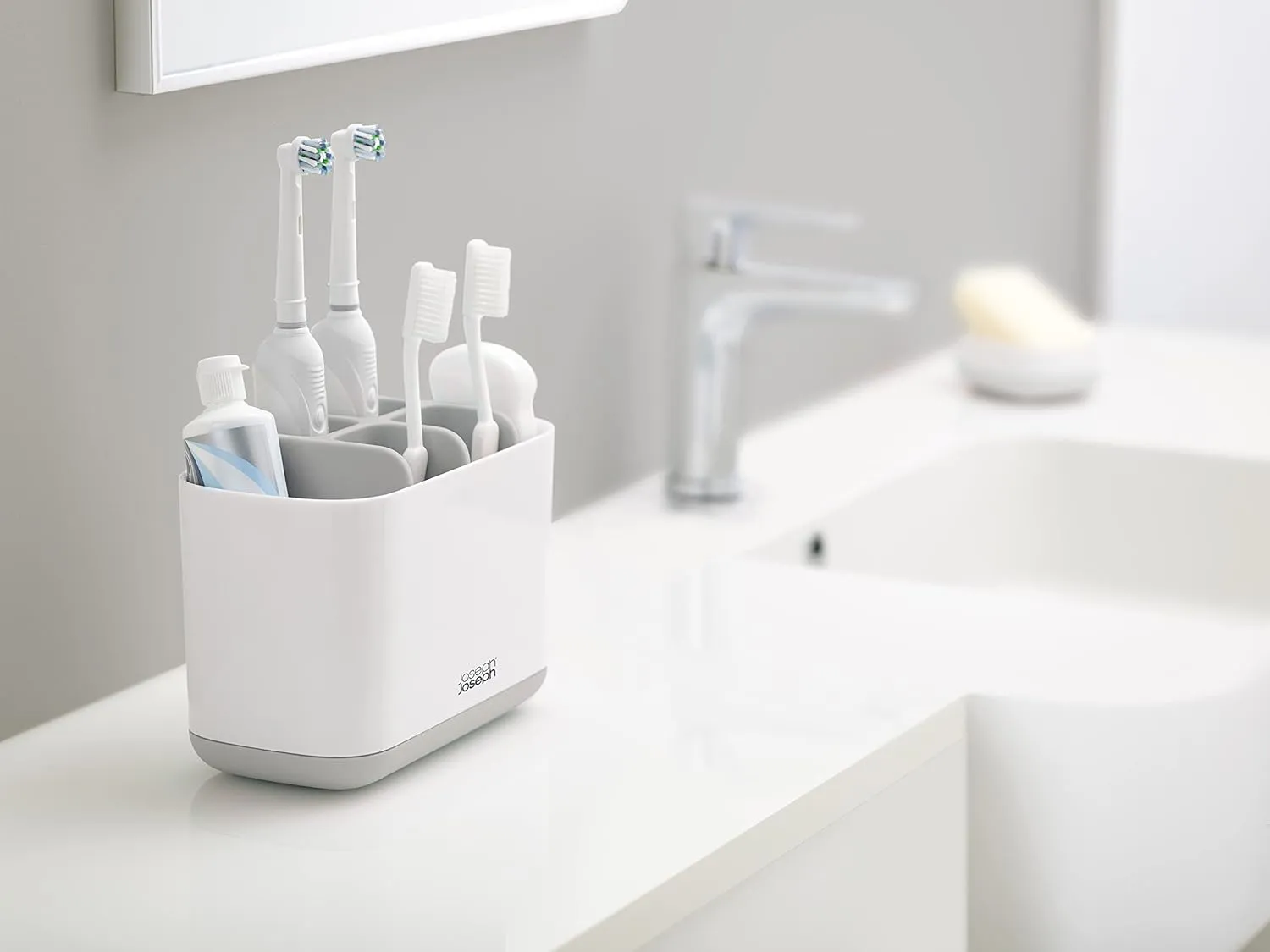 Joseph Joseph Easy-Store - Toothbrush Holder Caddy, Bathroom Storage Organizer, Large, Grey/White