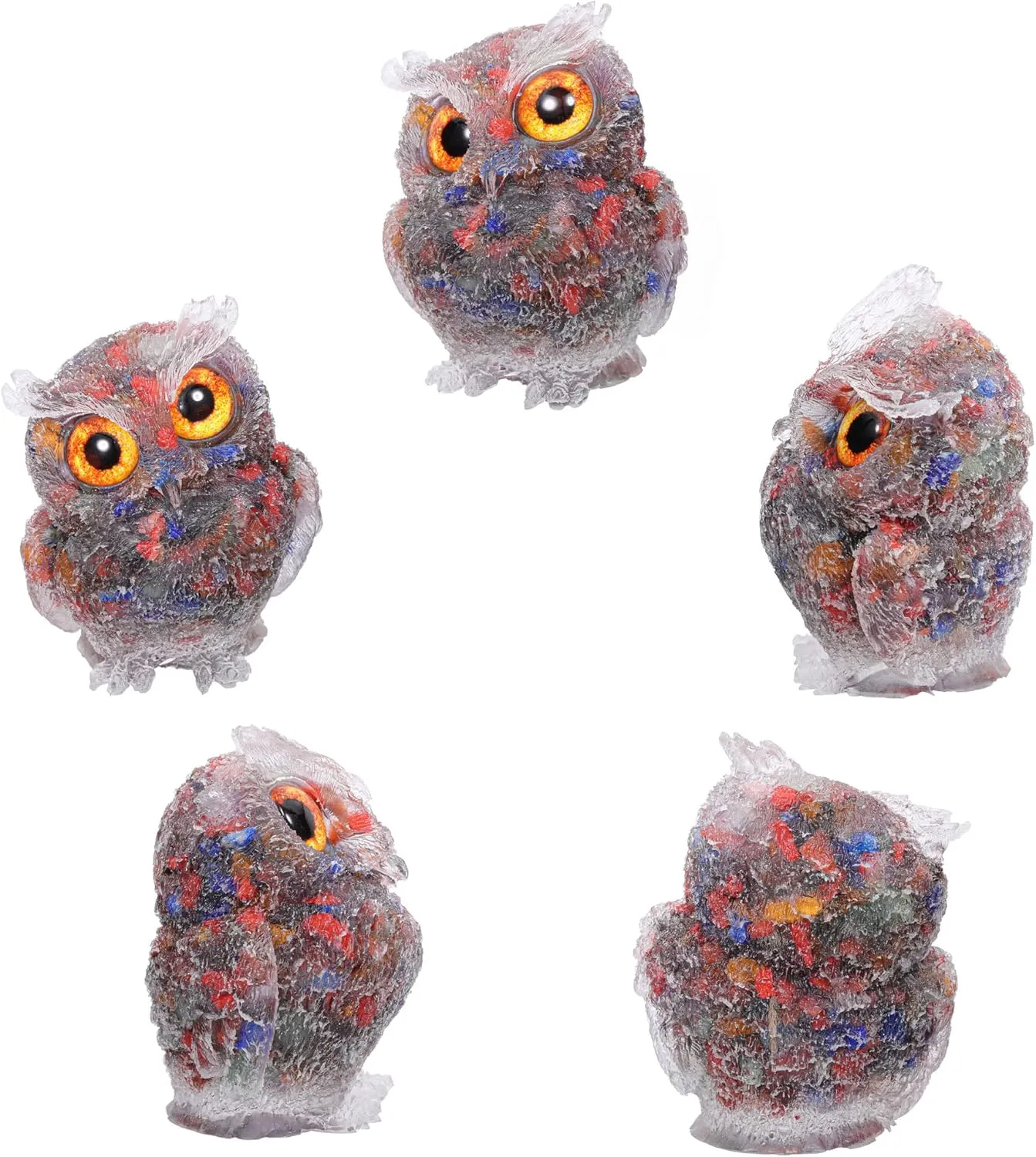 Jovivi 2.5" 7 Chakra Crystal Owl Statue Hand Carved Resin Reiki Healing Crystal Pocket Gemstone Animal Owl Figurines Sculpture Ornament Cute Home Office Desk Decor