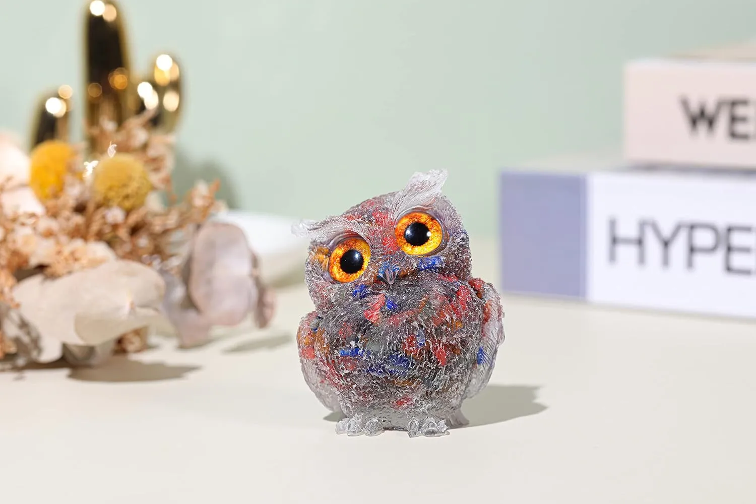 Jovivi 2.5" 7 Chakra Crystal Owl Statue Hand Carved Resin Reiki Healing Crystal Pocket Gemstone Animal Owl Figurines Sculpture Ornament Cute Home Office Desk Decor