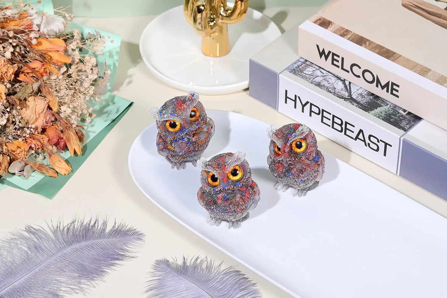 Jovivi 2.5" 7 Chakra Crystal Owl Statue Hand Carved Resin Reiki Healing Crystal Pocket Gemstone Animal Owl Figurines Sculpture Ornament Cute Home Office Desk Decor