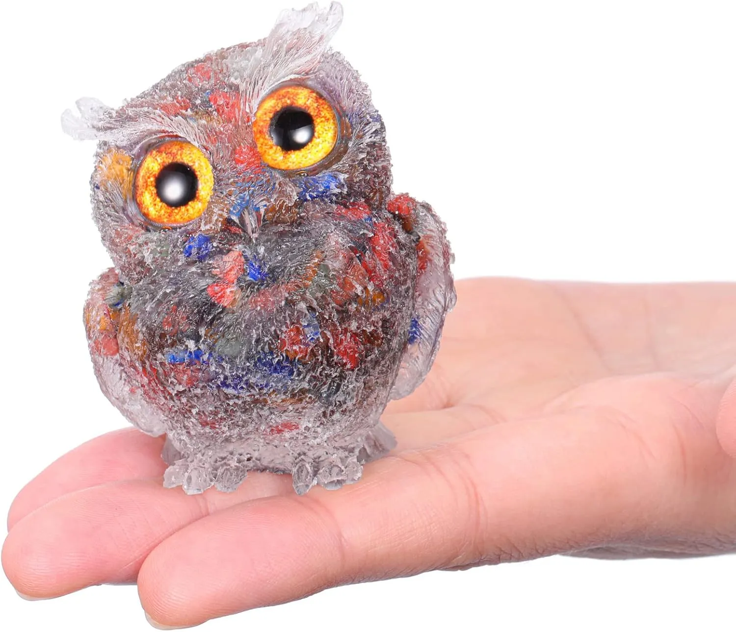 Jovivi 2.5" 7 Chakra Crystal Owl Statue Hand Carved Resin Reiki Healing Crystal Pocket Gemstone Animal Owl Figurines Sculpture Ornament Cute Home Office Desk Decor