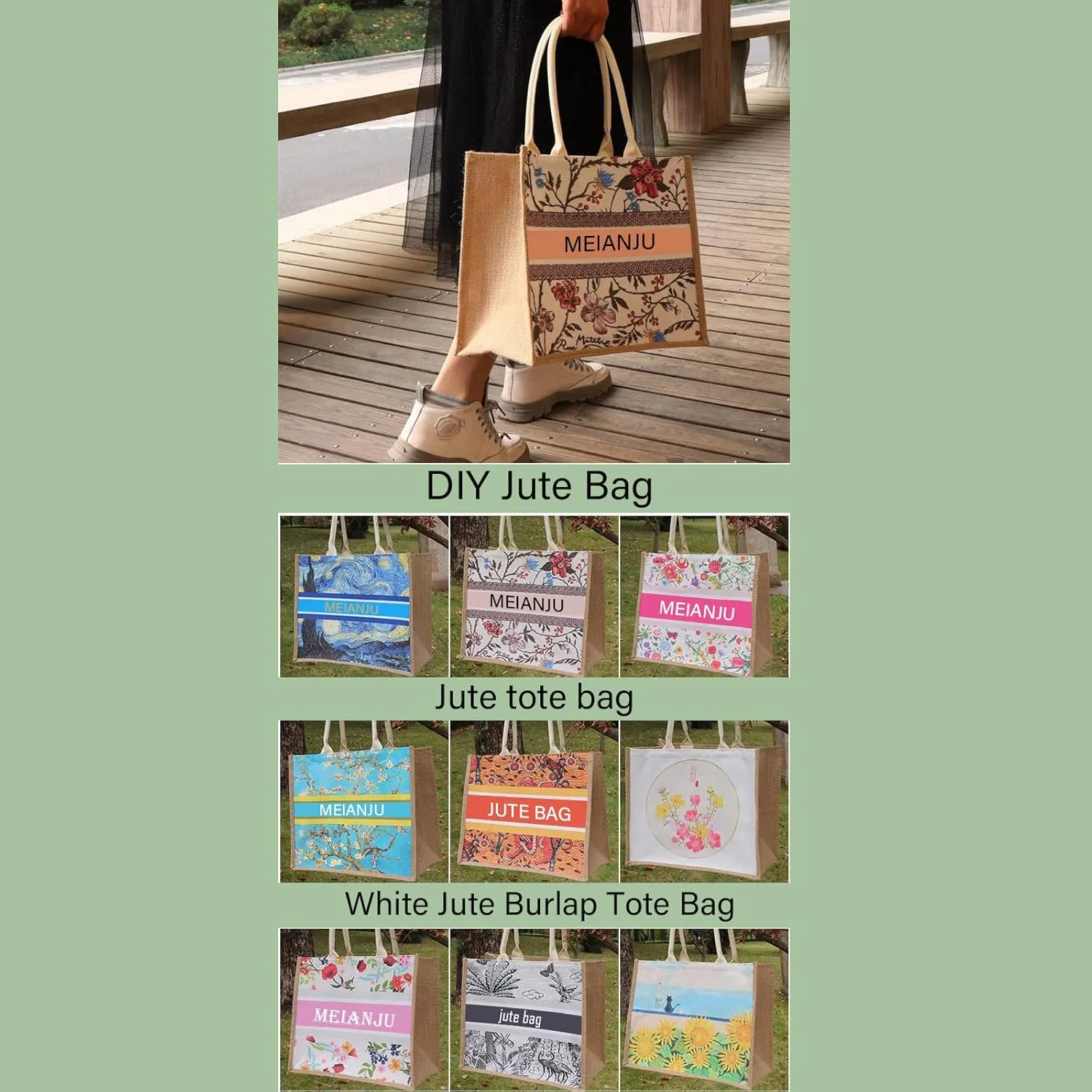 Jute BurlapTote Bag Embroidery DIY Art Crafts14.6"x10.2"x6.5"3PCS Gift Favors Bag with Handles Blank Totes Bulk Bridesmaid Wedding Women Market Grocery Shopping Bachelorette Party Beach Trip