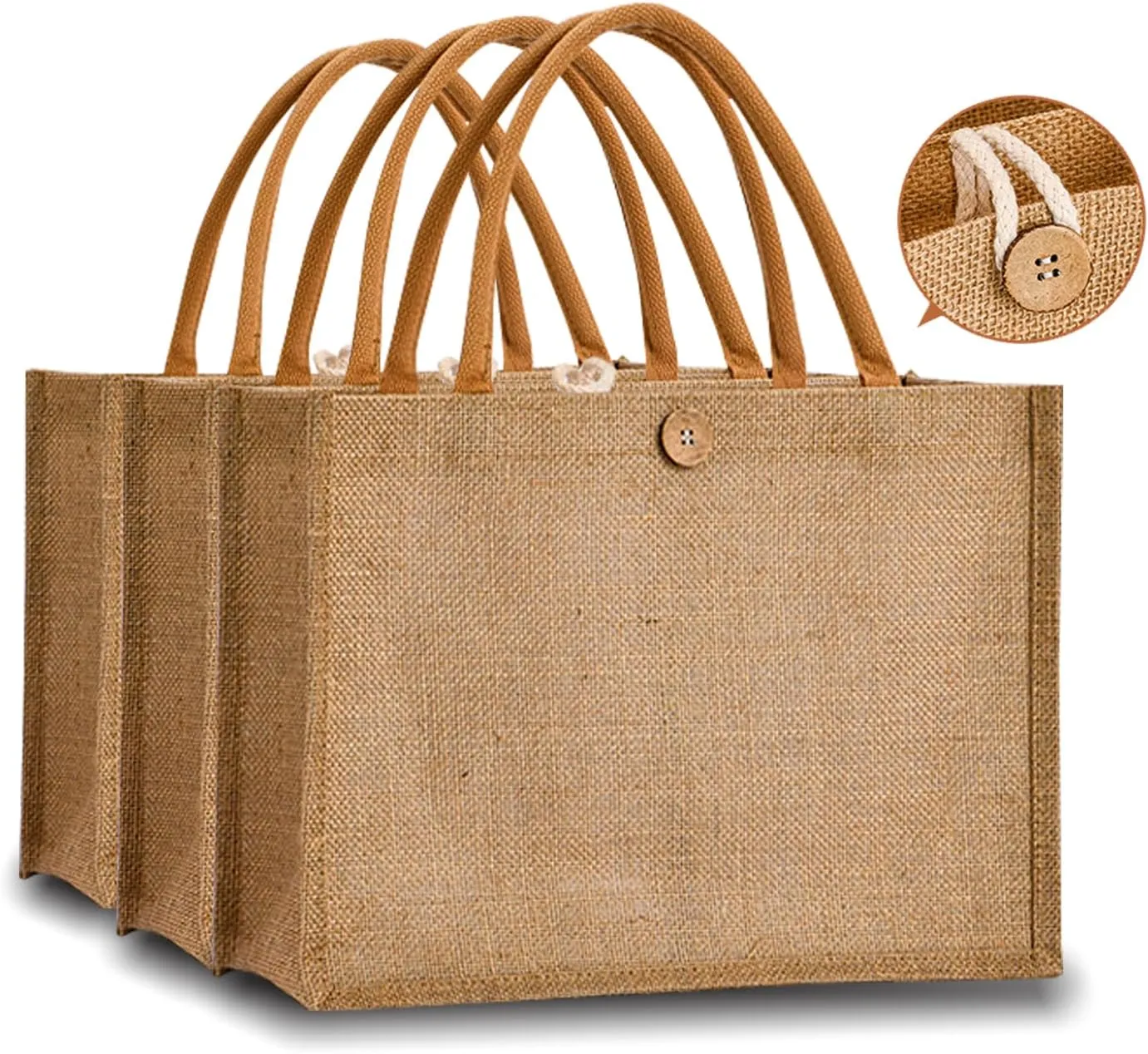 Jute BurlapTote Bag Embroidery DIY Art Crafts14.6"x10.2"x6.5"3PCS Gift Favors Bag with Handles Blank Totes Bulk Bridesmaid Wedding Women Market Grocery Shopping Bachelorette Party Beach Trip