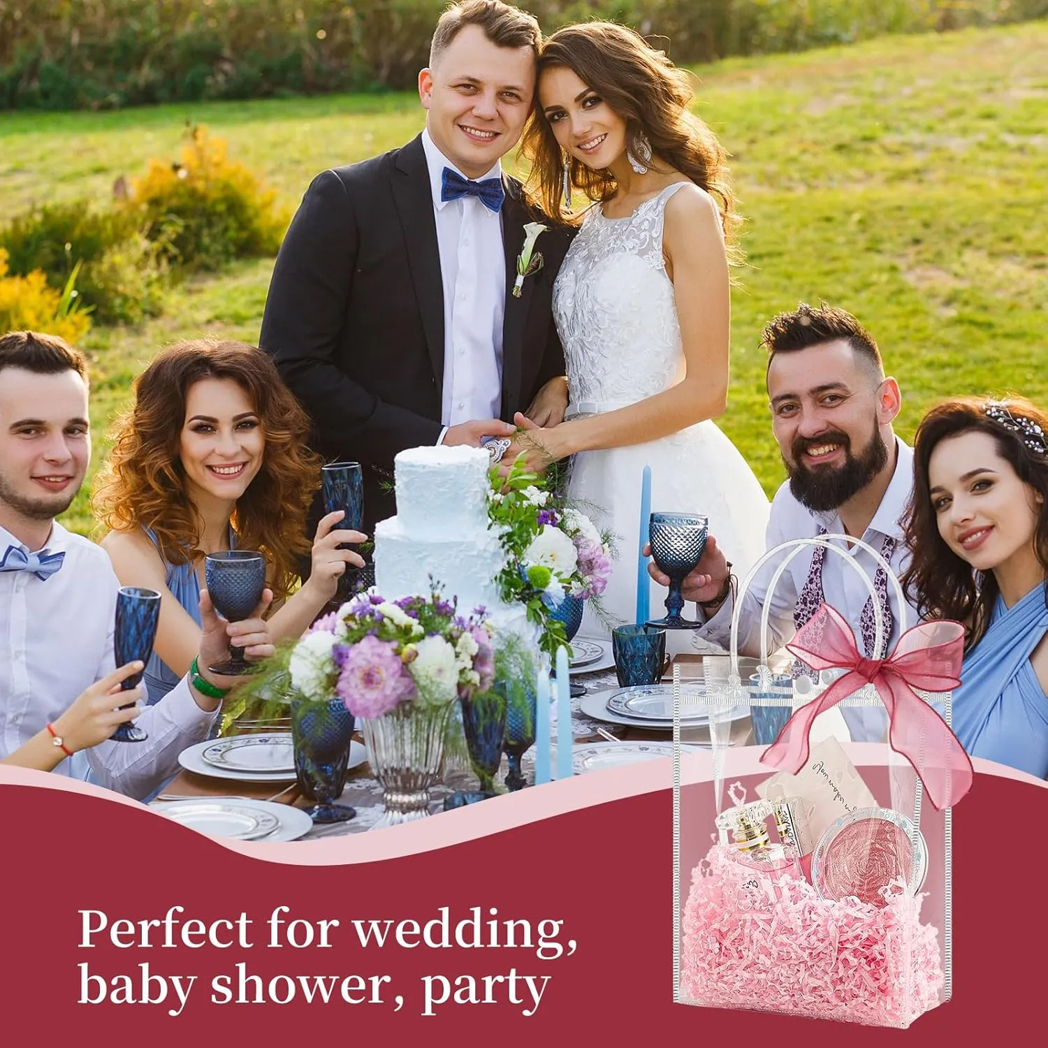 Jutieuo 24 Pack Clear Plastic Gift Bags with Handles, 9.1" x 6.7" x 2.8" Reusable Transparent Party Favor Bags Goodie Bags Bulk for Mother's Day, Wedding, Baby Shower, Birthday