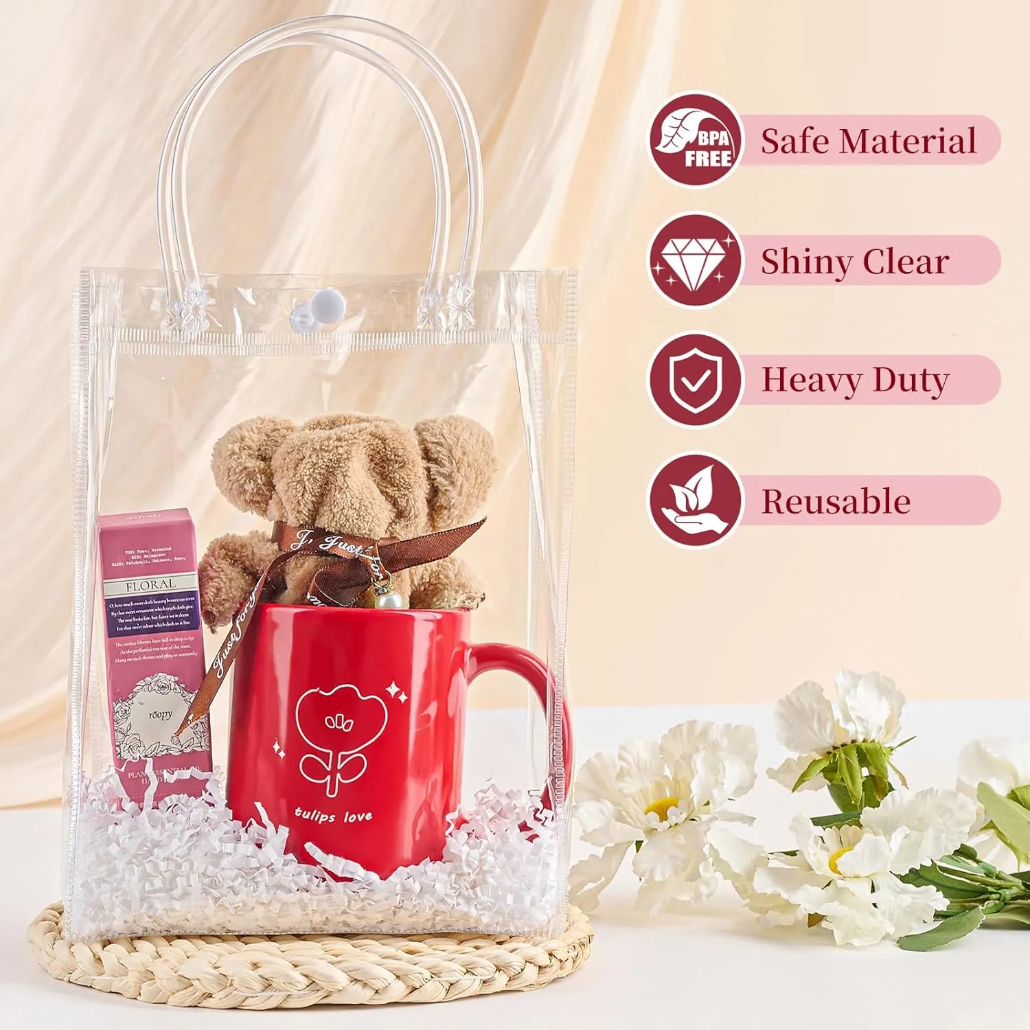 Jutieuo 24 Pack Clear Plastic Gift Bags with Handles, 9.1" x 6.7" x 2.8" Reusable Transparent Party Favor Bags Goodie Bags Bulk for Mother's Day, Wedding, Baby Shower, Birthday