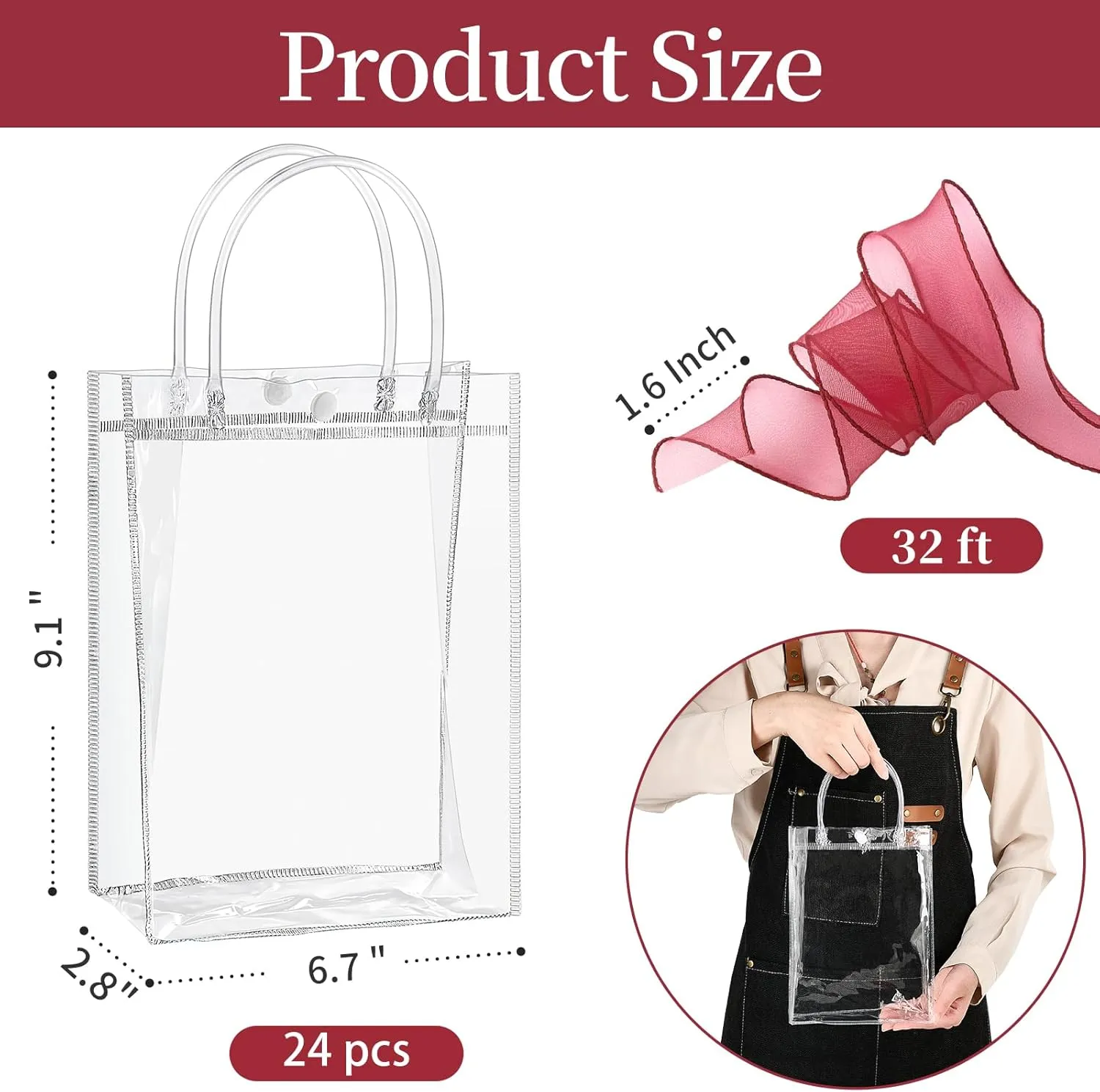 Jutieuo 24 Pack Clear Plastic Gift Bags with Handles, 9.1" x 6.7" x 2.8" Reusable Transparent Party Favor Bags Goodie Bags Bulk for Mother's Day, Wedding, Baby Shower, Birthday